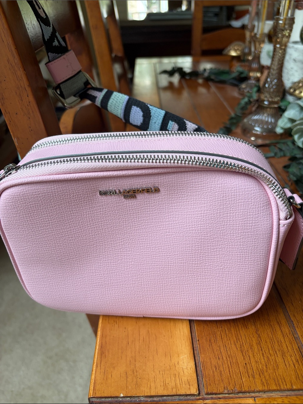 Karl Lagerfeld Blush Pink Crossbody Camera Bag with Logo Strap